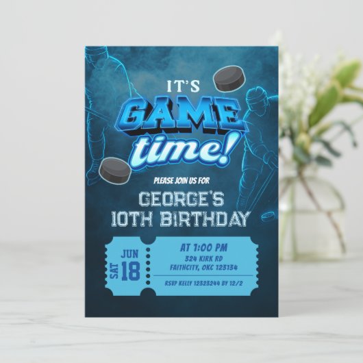 Neon Hockey Winter Verjaardag Uitnodiging (Staand voorkant)