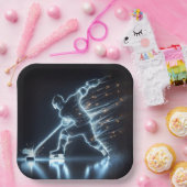 Neon hockeyspeler op ijs papieren bordje (Feest)