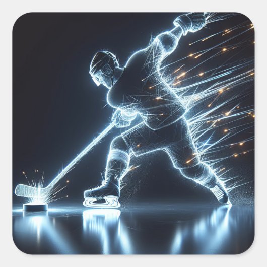 Neon hockeyspeler op ijs vierkante sticker (Voorkant)