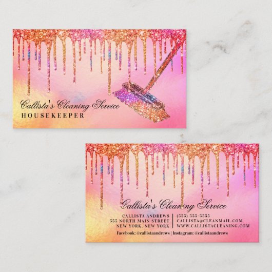 Neon Holographic Glitter Drips Cleaning Service Visitekaartje (Voorkant / Achterkant)