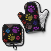 Neon hond Paw Patroon Ovenwant & Pannenlap Set (Voorkant / Achterkant)