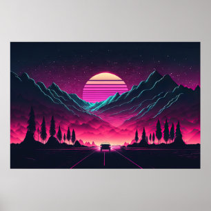 Neon Horizons: Een Synthwave Mountain Drive Poster