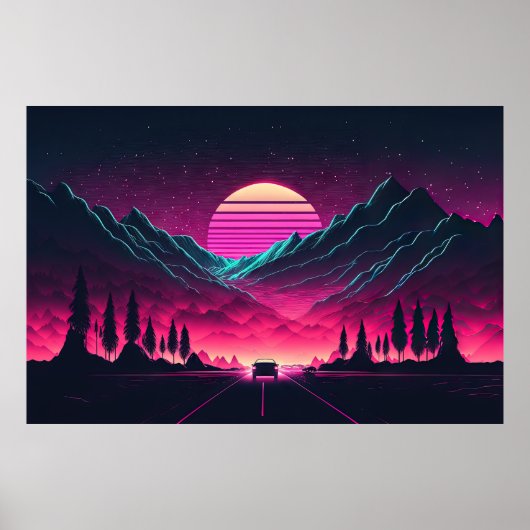 Neon Horizons: Een Synthwave Mountain Drive Poster (Voorkant)