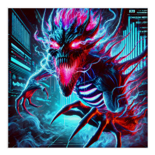 Neon Horror Monster Gloeiende Ogen Cyberpunk Donke Perfect Poster