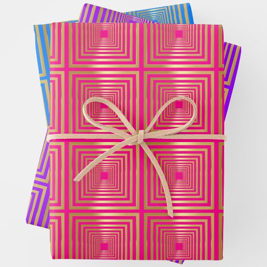 Neon hot roze blauw lila goud Wrapping Paper Set