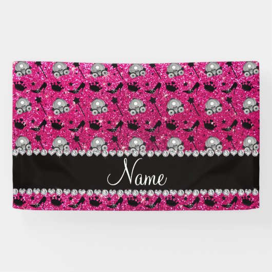 Neon hot roze glitter princess crown sterren spandoek (Horizontaal)