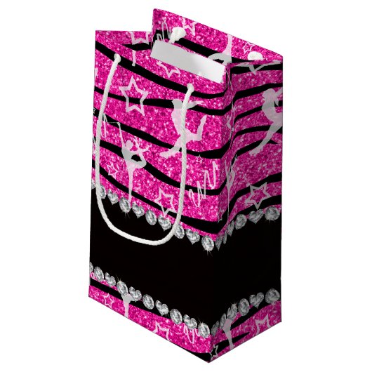 Neon hot roze gymnastiek glitter zebra stripes klein cadeauzakje (Achterkant Gekanteld)