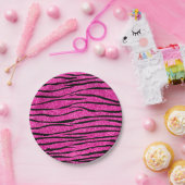 Neon hotroze glitter zebra strepen papieren bordje (Feest)