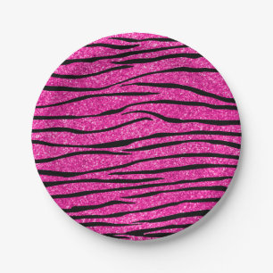 Neon hotroze glitter zebra strepen papieren bordje