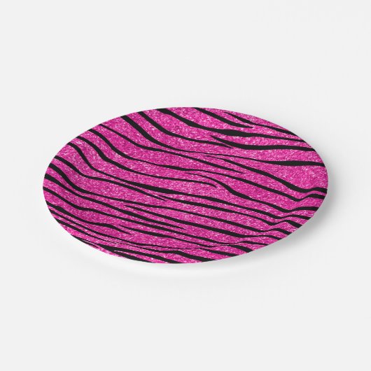 Neon hotroze glitter zebra strepen papieren bordje (Gekanteld)
