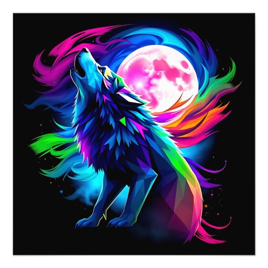Neon Huilende Wolf met Volle Maan – Psychedelische Foto Afdruk (Voorkant)