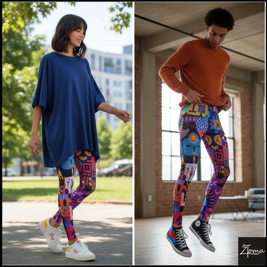 Neon Hyper Verzadigde Folk Art Quilt Leggings