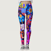 Neon Hyper Verzadigde Folk Art Quilt Leggings (Voorkant)