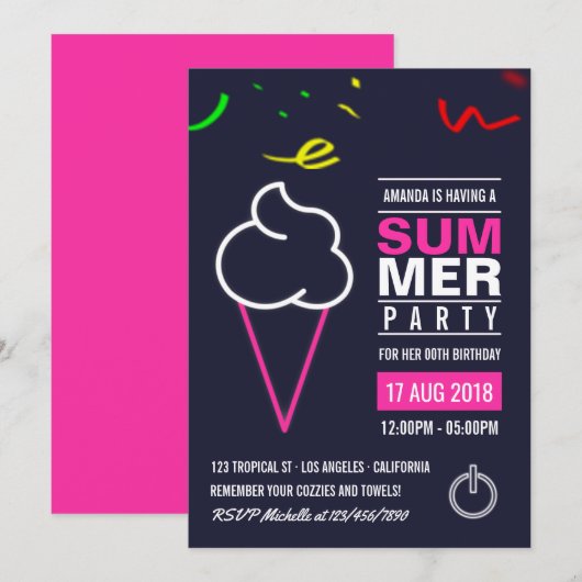 Neon Ice Cream Summer Birthday Party Invitation Kaart (Voorkant / Achterkant)
