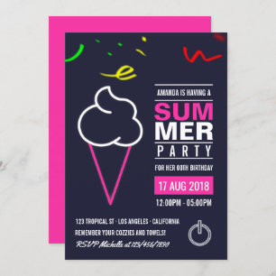 Neon Ice Cream Summer Birthday Party Invitation Kaart