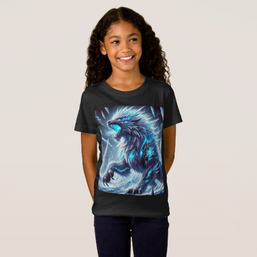 Neon Ice Dragon-Wolf T-shirt T-Shirt Design. (Voorkant volledig)