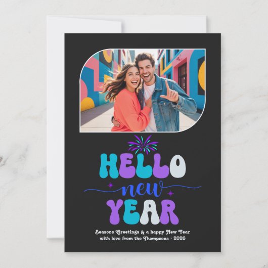 Neon Ice Hello New Year Blue Retro Photo Feestdagenkaart (Voorkant)