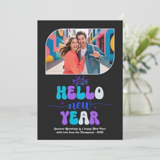 Neon Ice Hello New Year Blue Retro Photo Feestdagenkaart (Staand voorkant)