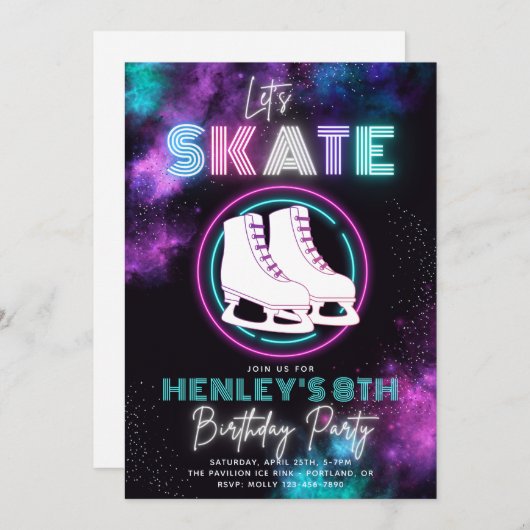 Neon Ice Skating Invitation | Ice Skateday Kaart (Voorkant / Achterkant)