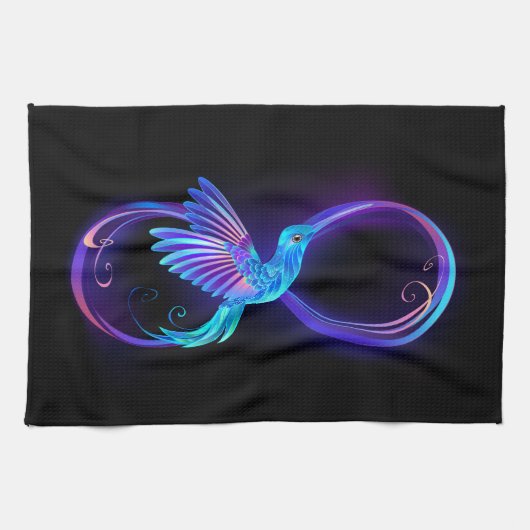 Neon Infinity Symbol with Glowing Hummingbird Theedoek (Horizontaal)