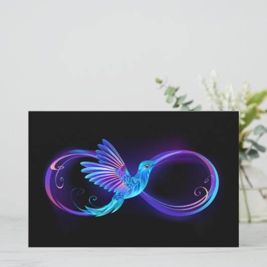 Neon Infinity Symbool met gloeiende Hummingbird Briefpapier (Staand voorkant)