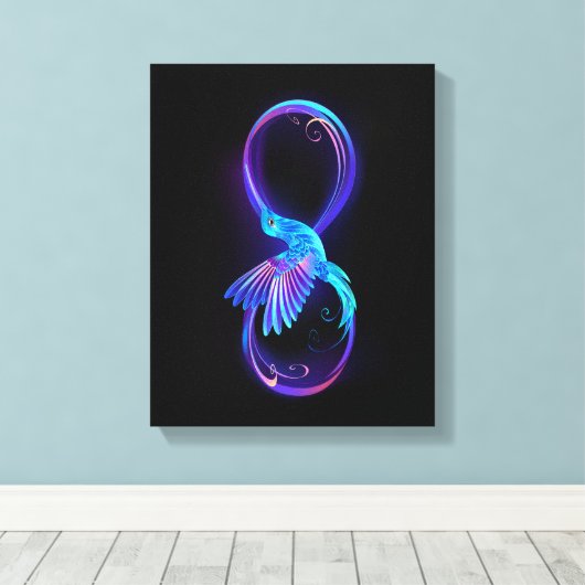 Neon Infinity Symbool met gloeiende Hummingbird Canvas Afdruk (Insitu (Houten vloer))
