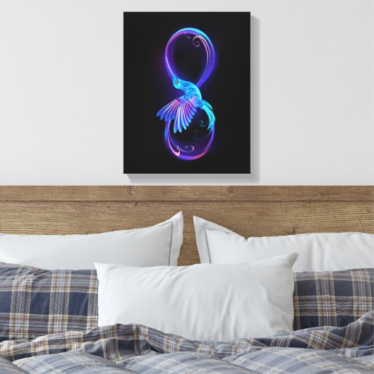 Neon Infinity Symbool met gloeiende Hummingbird Canvas Afdruk (Insitu (Slaapkamer))