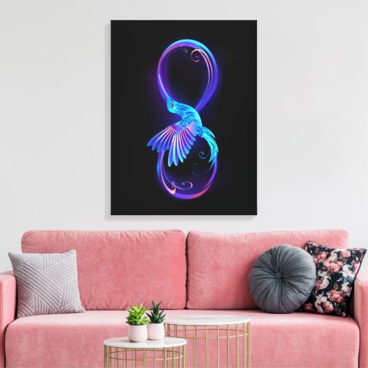 Neon Infinity Symbool met gloeiende Hummingbird Canvas Afdruk (Insitu (Woonkamer))