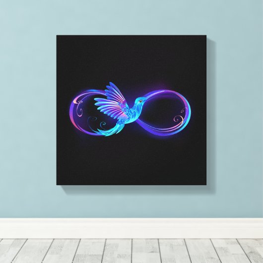 Neon Infinity Symbool met gloeiende Hummingbird Canvas Afdruk (Insitu (Houten vloer))