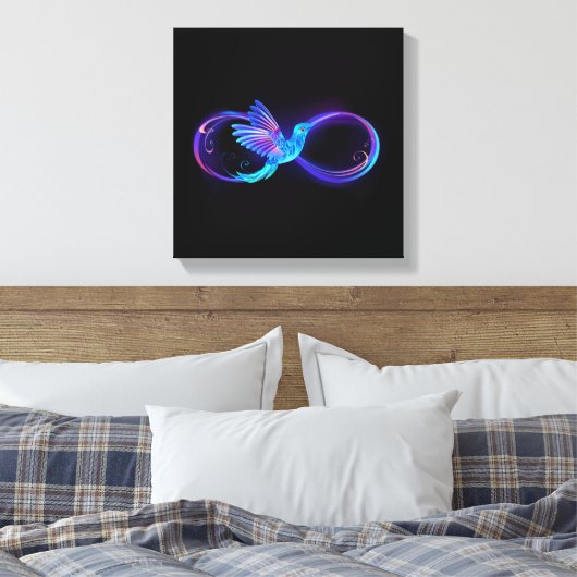 Neon Infinity Symbool met gloeiende Hummingbird Canvas Afdruk (Insitu (Slaapkamer))