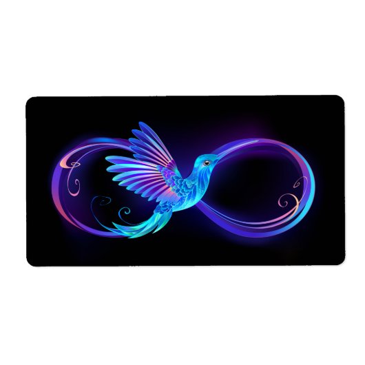 Neon Infinity Symbool met gloeiende Hummingbird Etiket (Voorkant)
