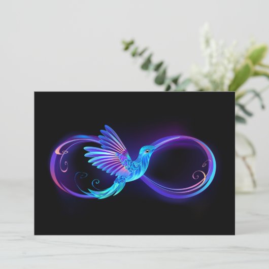 Neon Infinity Symbool met gloeiende Hummingbird Feestdagenkaart (Staand voorkant)