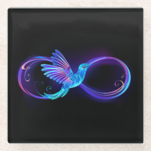 Neon Infinity Symbool met gloeiende Hummingbird Glazen Onderzetter