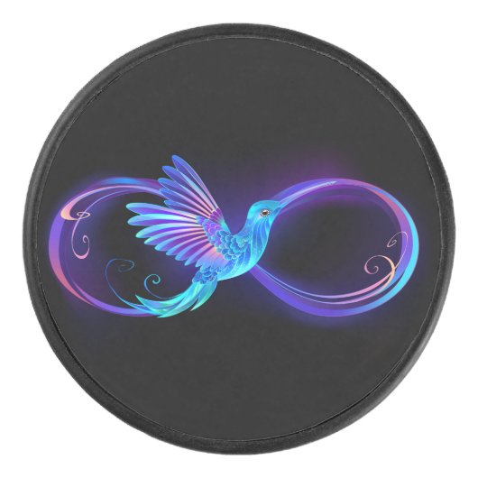 Neon Infinity Symbool met gloeiende Hummingbird Hockey Puck (Voorkant)