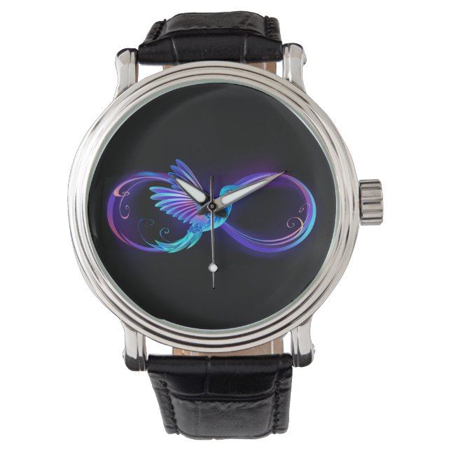 Neon Infinity Symbool met gloeiende Hummingbird Horloge (Voorkant)