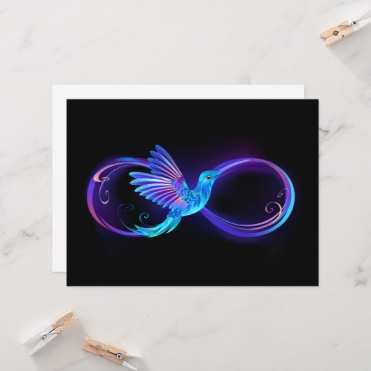 Neon Infinity Symbool met gloeiende Hummingbird Kaart (Voorkant / Achterkant in situ)