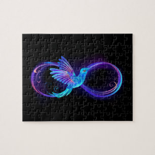 Neon Infinity Symbool met gloeiende Hummingbird Legpuzzel