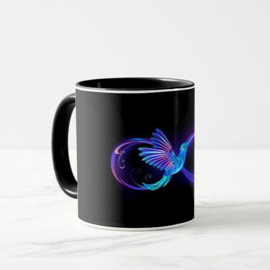 Neon Infinity Symbool met gloeiende Hummingbird Mok (Voorkant links)
