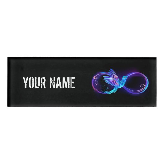 Neon Infinity Symbool met gloeiende Hummingbird Naambadge (Voorkant)