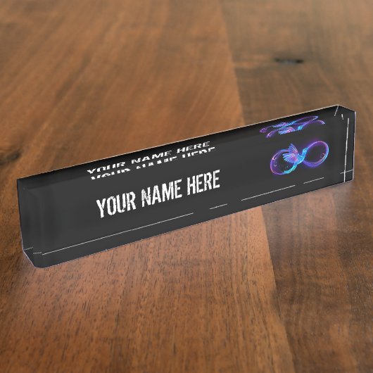 Neon Infinity Symbool met gloeiende Hummingbird Naambordje (Zijkant)