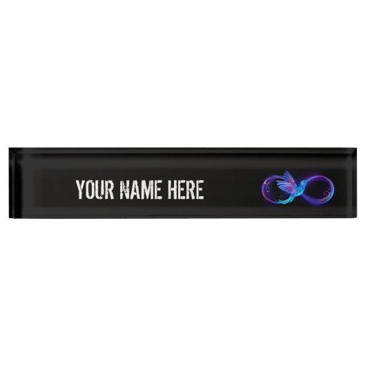 Neon Infinity Symbool met gloeiende Hummingbird Naambordje (Voorkant)