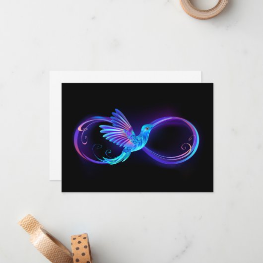 Neon Infinity Symbool met gloeiende Hummingbird Notitiekaartje (Voorkant / Achterkant in situ)