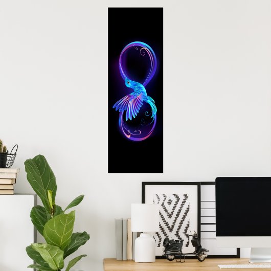 Neon Infinity Symbool met gloeiende Hummingbird Poster (Thuiskantoor)