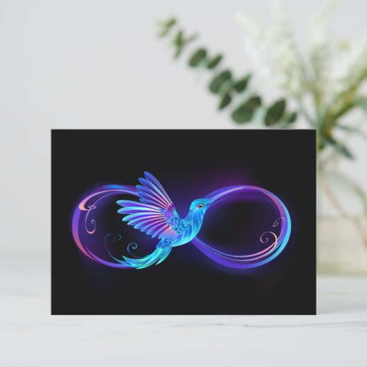 Neon Infinity Symbool met gloeiende Hummingbird RSVP Kaartje (Staand voorkant)