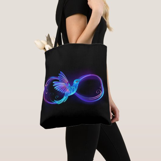 Neon Infinity Symbool met gloeiende Hummingbird Tote Bag (Dichtbij)
