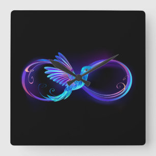 Neon Infinity Symbool met gloeiende Hummingbird Vierkante Klok
