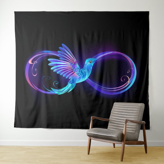Neon Infinity Symbool met gloeiende Hummingbird Wandkleed (In Situ (horizontaal))