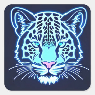 Neon Jaguar Kop Omlijning op Donkere Achtergrond Vierkante Sticker