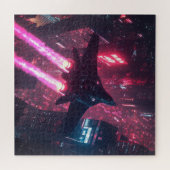 Neon Jet boven Cyberpunk City - Sci-Fi Puzzel Legpuzzel (Horizontaal)