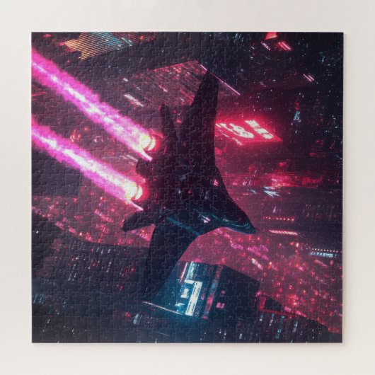 Neon Jet boven Cyberpunk City - Sci-Fi Puzzel Legpuzzel (Horizontaal)